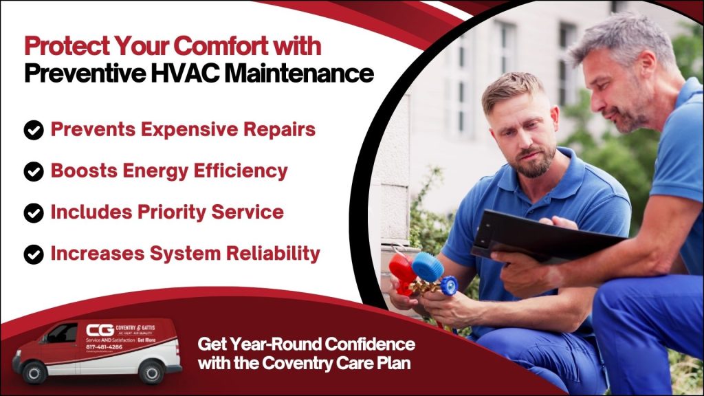 This is an image of two HVAC technicians working on an AC unit. The headline rates protect your comfort with prevent preventative HVAC maintenance
