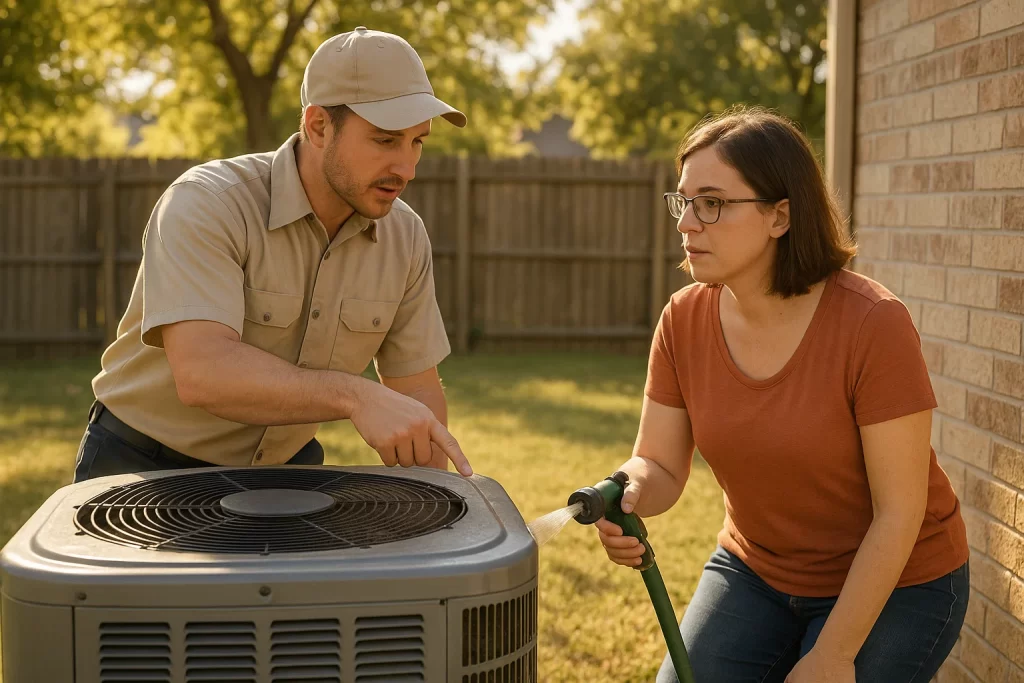 Homeowner learning AC coil cleaning tips from technician in Denton backyard