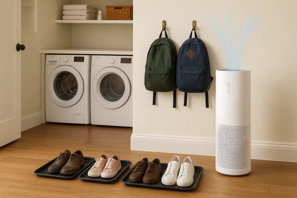 Indoor air purifier running quietly in well-organized school entry area