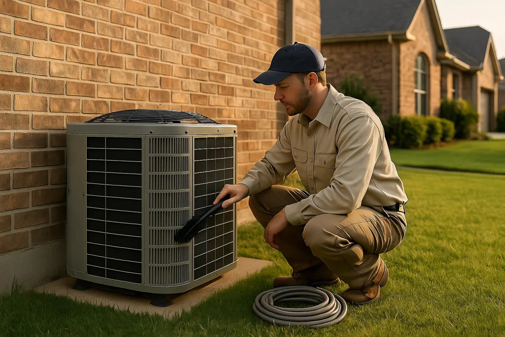 Technician cleans condenser coils of outdoor AC unit at Grapevine home in fall to improve efficiency