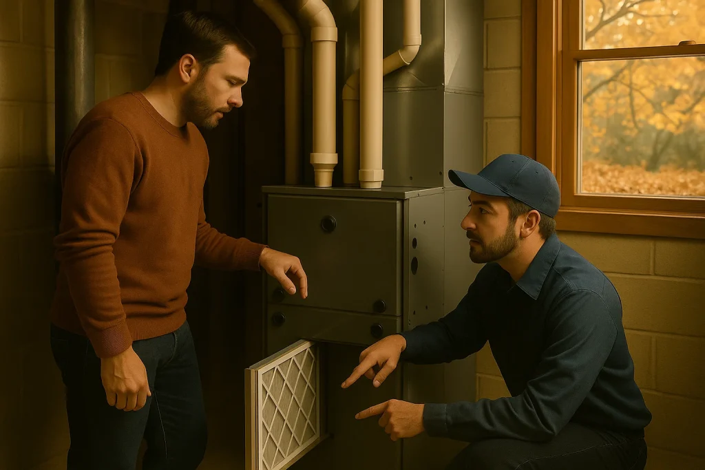 Homeowner reviews fall furnace maintenance checklist with technician in basement