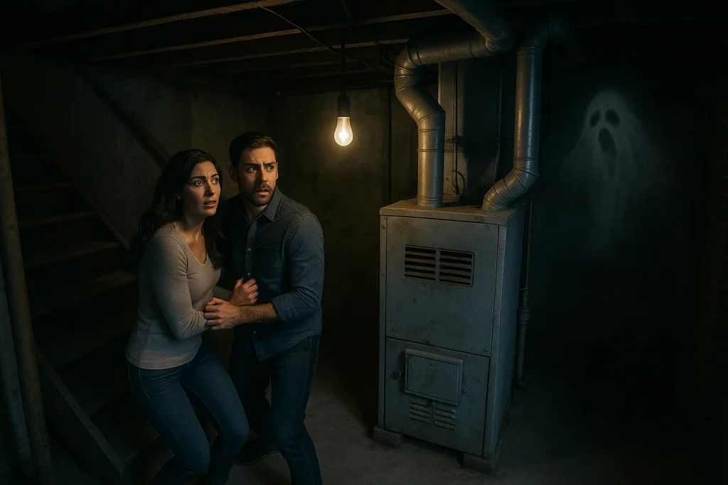A couple cowering by their basement stairs as a ghost creeps out from behind an old furnace.