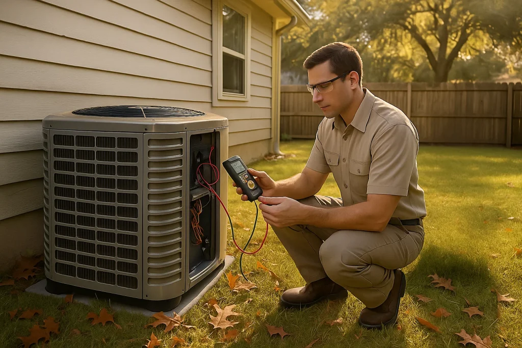 Technician testing outdoor heat pump unit in a Florida backyard during fall HVAC maintenance visit
