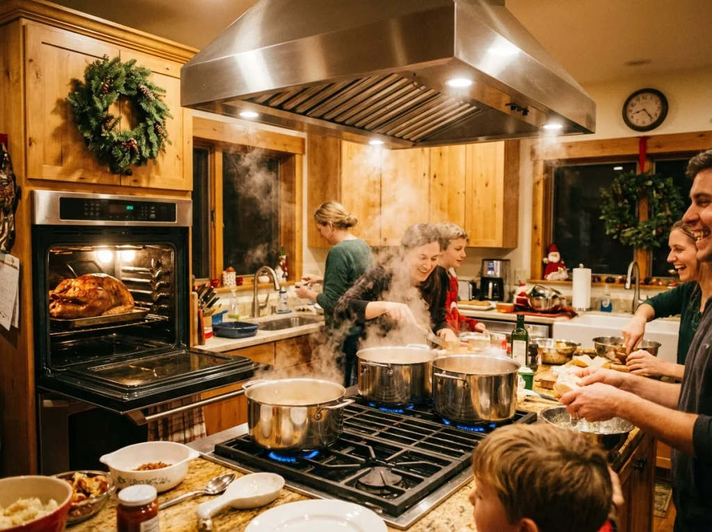 Holiday kitchen with turkey roasting and steam rising from pots, symbolizing indoor air pollution during cooking.