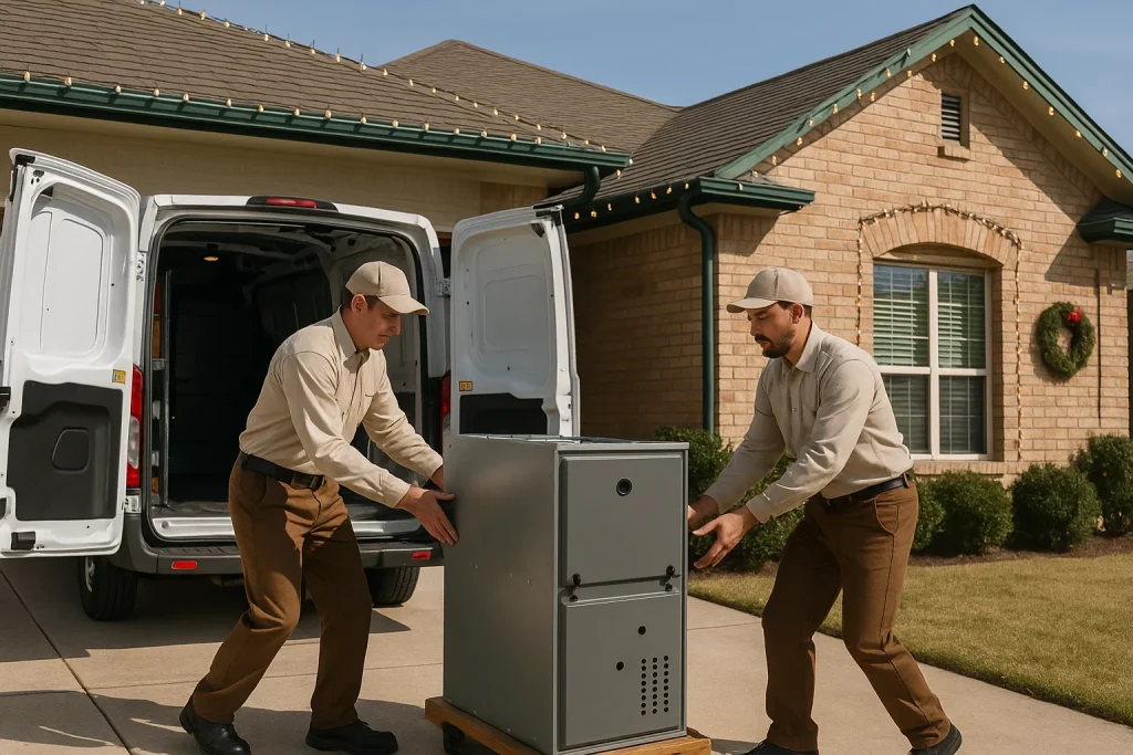Technicians delivering new furnace to decorated Texas home in December