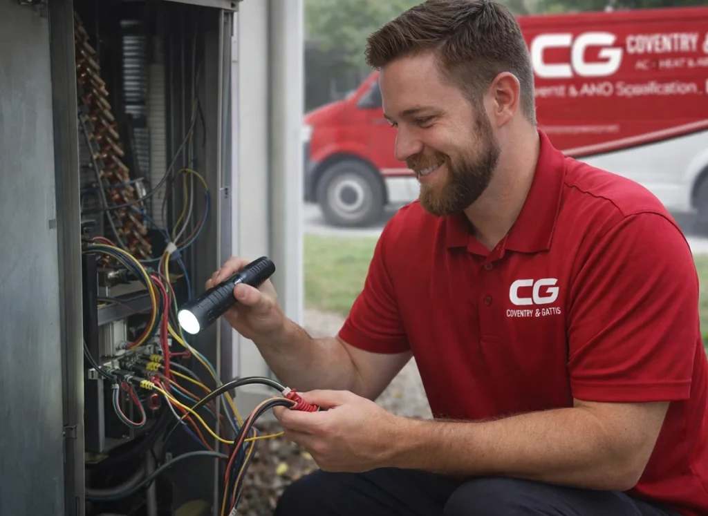 HVAC tech doing maintenance on a furnace.