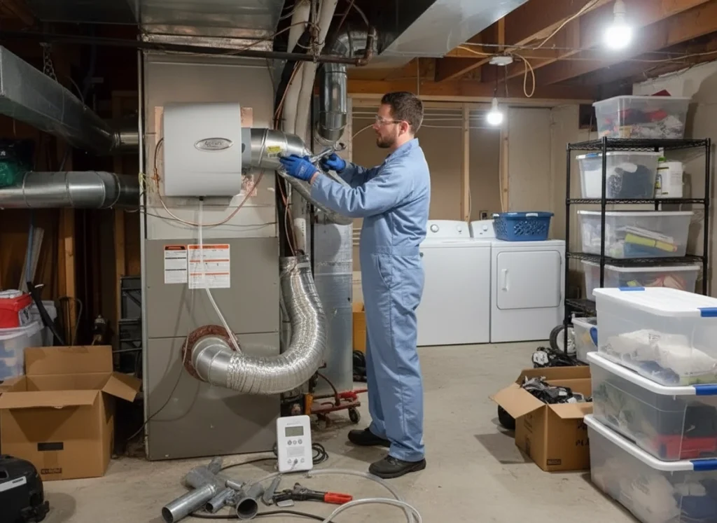 HVAC technician installing whole-house humidifier on residential furnace