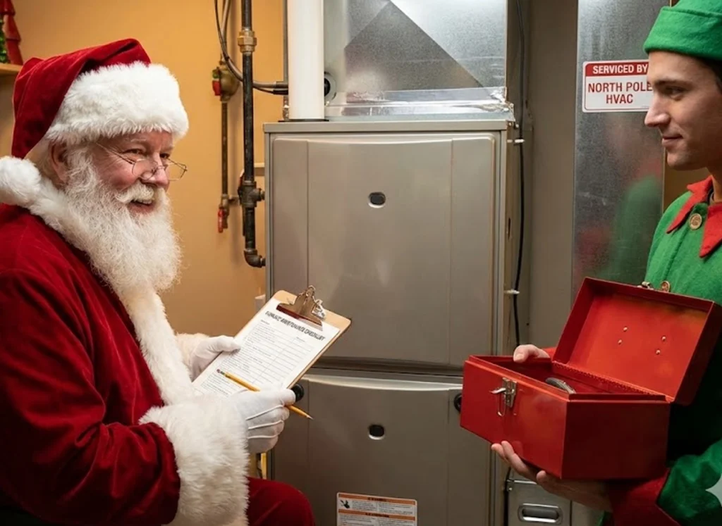 Santa checking a winter furnace maintenance checklist next to a well-tuned HVAC unit