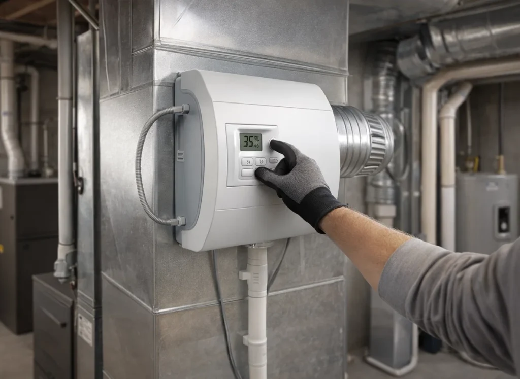 Whole‑home humidifier installed on HVAC ductwork with technician adjusting settings