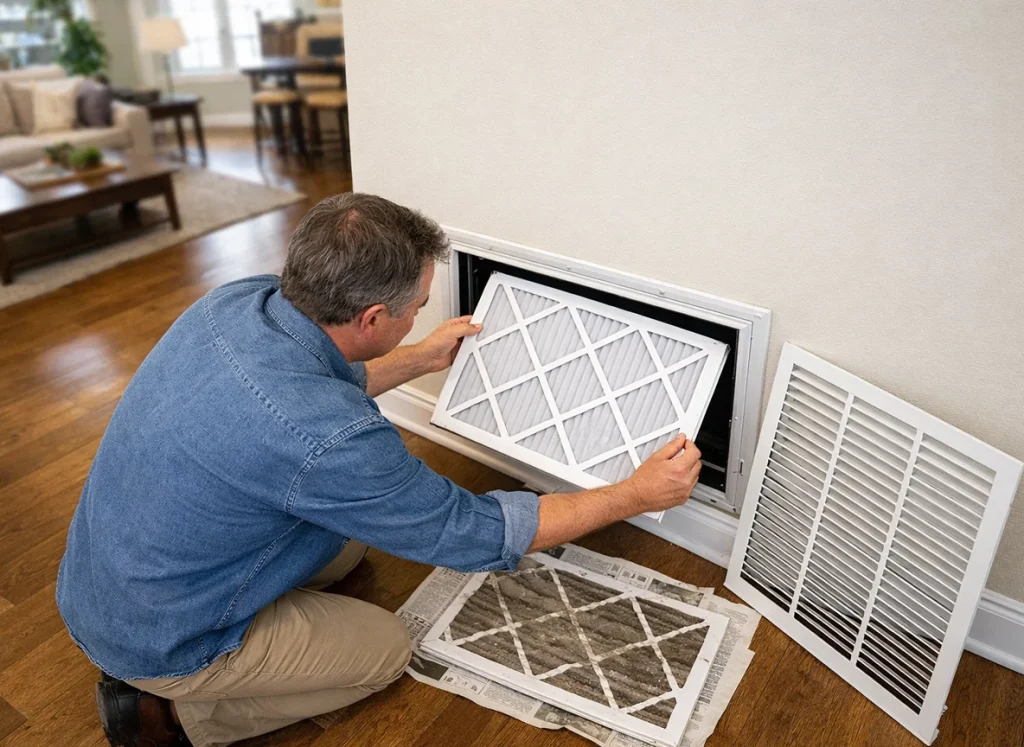 Homeowner replacing a high‑efficiency HVAC air filter to improve indoor air quality in the new year.
