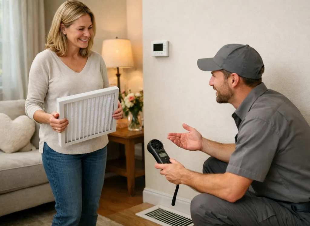 Homeowner and HVAC technician restore comfort during seasonal service with balanced airflow