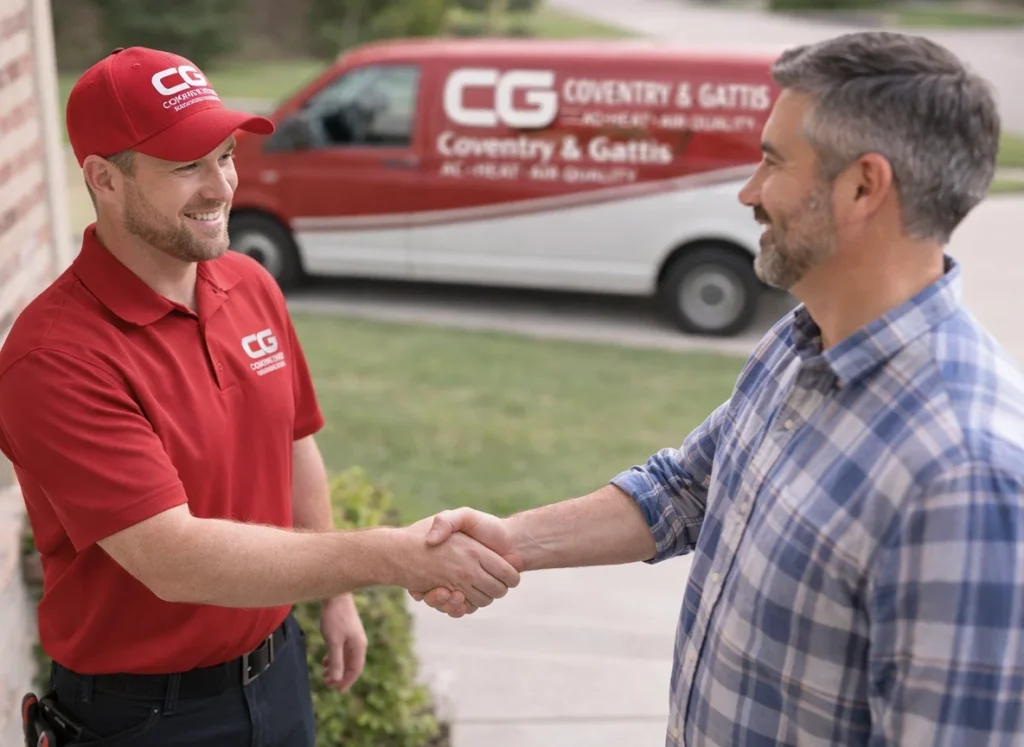 A Coventry and Gattis HVAC technician shaking hands with the homeowner on his front porch.