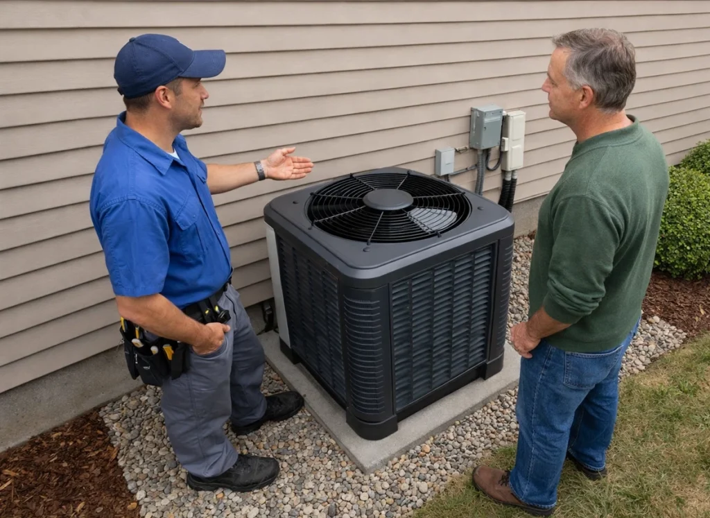 Homeowner choosing HVAC replacement to break up with high utility bills