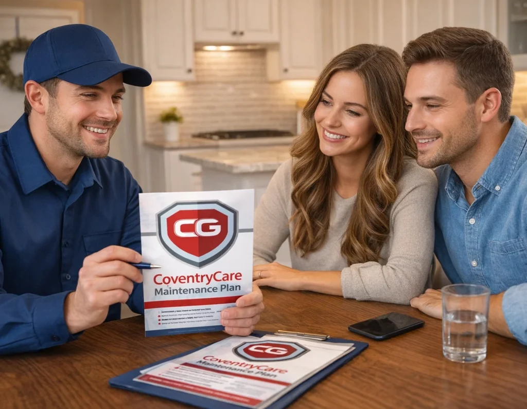 HVAC technician explaining maintenance membership to homeowners