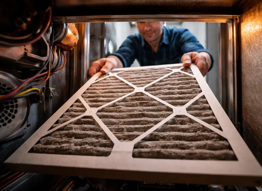 An image of the homeowner replacing a dirty air filter from his furnace.