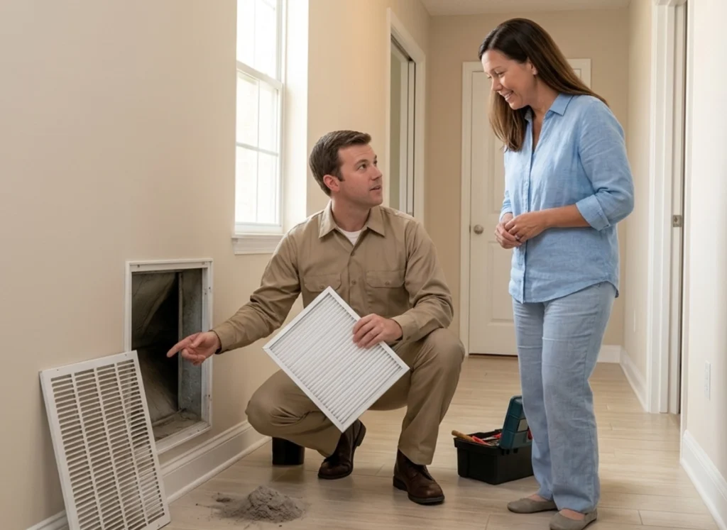 Grapevine homeowner learning how filters and duct cleaning reduce allergens
