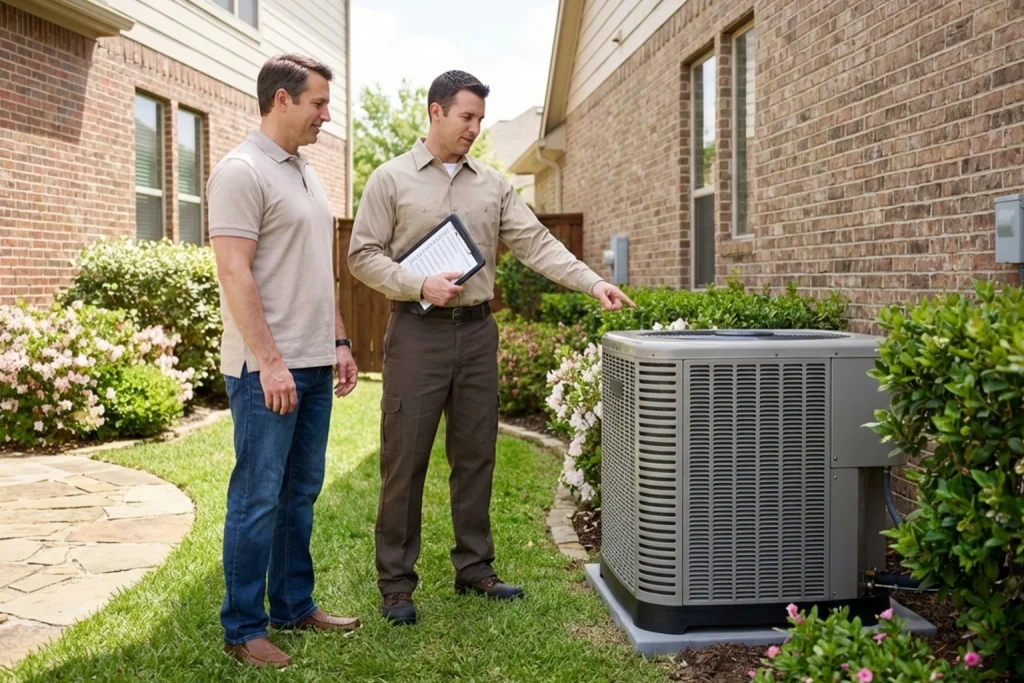 Grapevine homeowner meeting HVAC technician for AC maintenance
