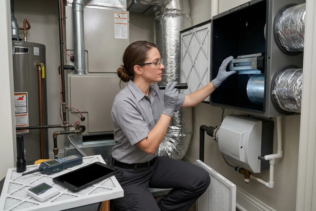 HVAC technician servicing whole-home IAQ filtration system