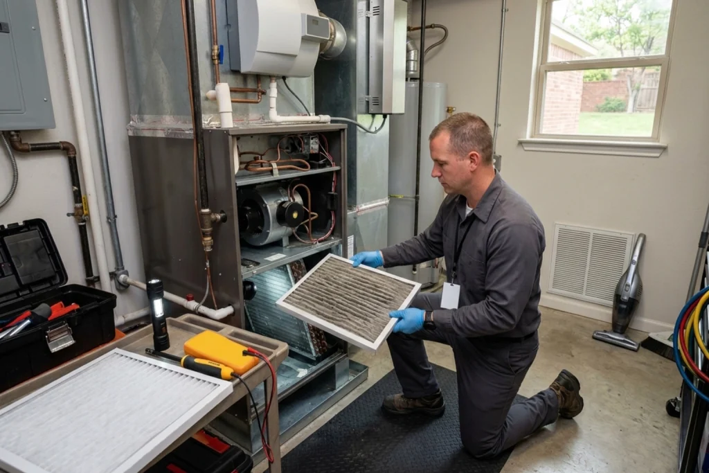 HVAC technician performing allergy-season air quality maintenance