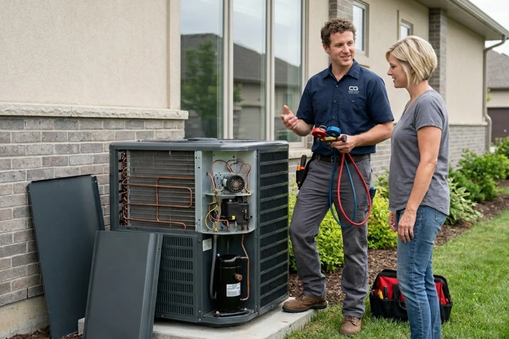 Technician performing AC summer-readiness maintenance