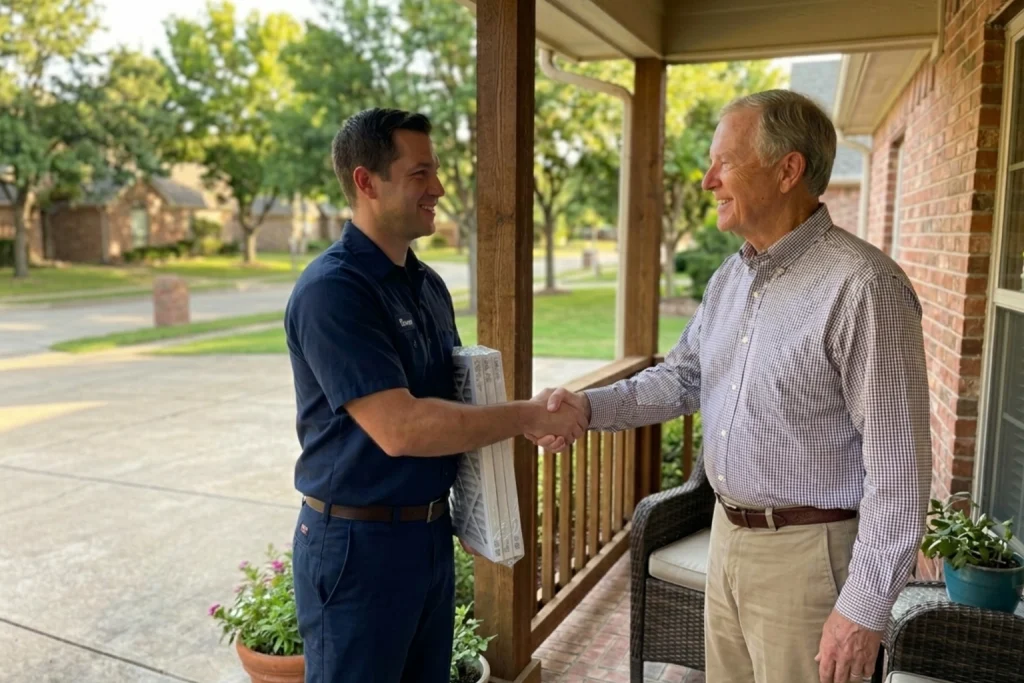 A homeowner and an HVAC technician shaking hands on the front porch discussing the maintenance agreement