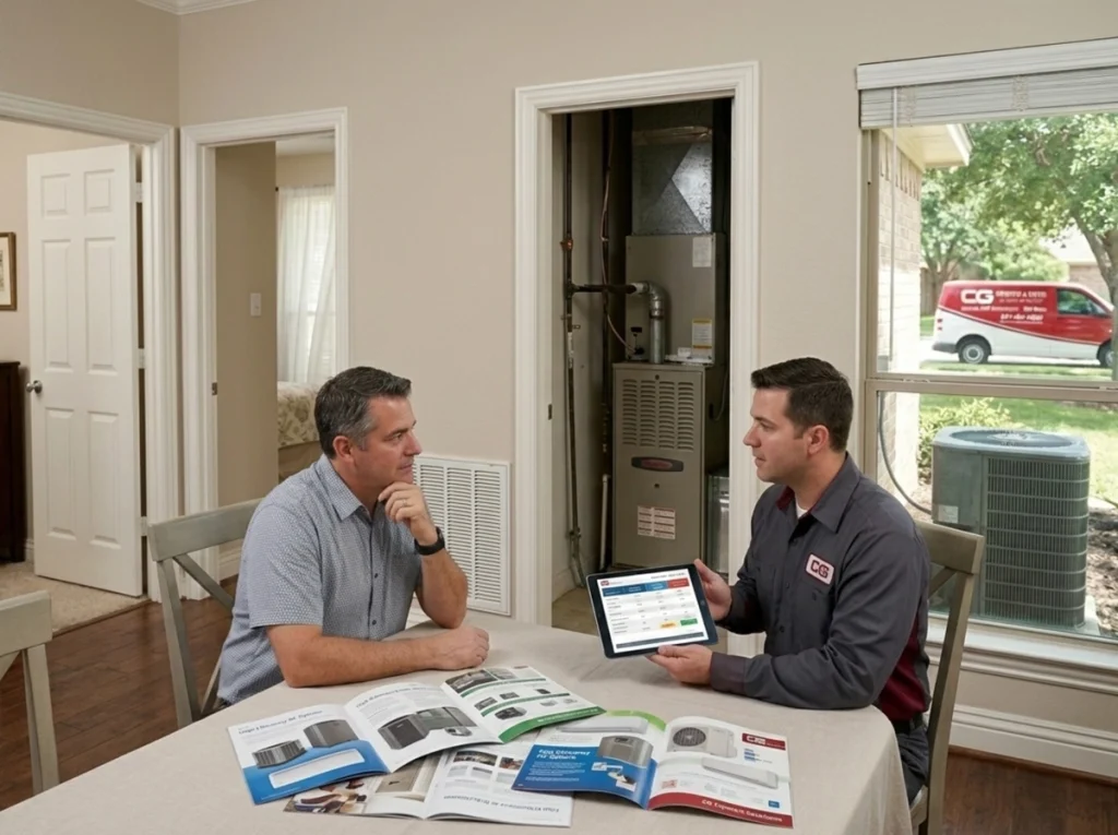 A homeowner and an HVAC technician discussing AC replacement