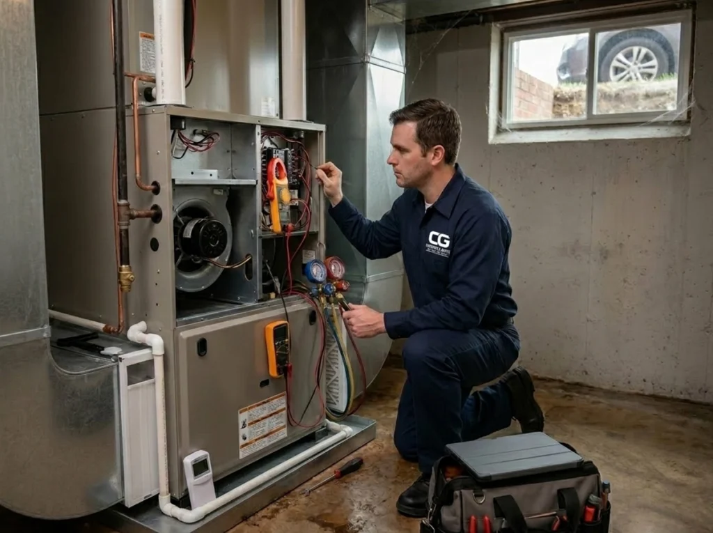 HVAC technician performing National Safety Month maintenance inspection