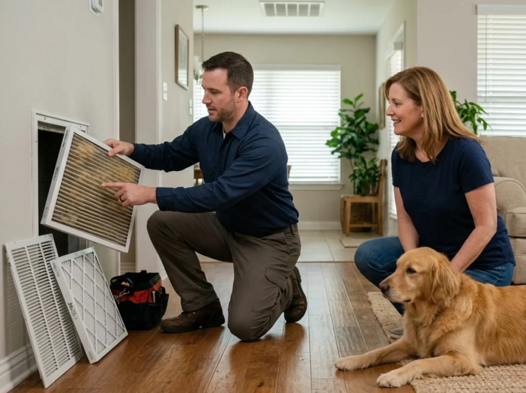 Grapevine homeowner replacing an HVAC filter in a pet-friendly home