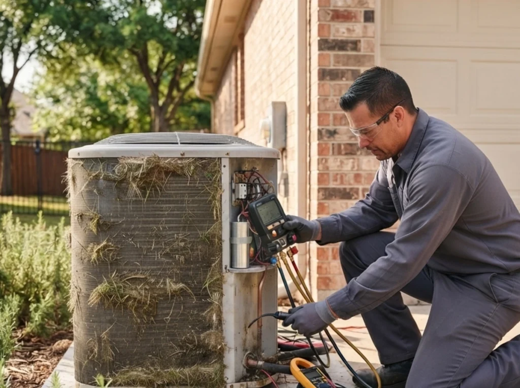 Coventry and Gattis technician inspecting an AC system in Grapevine