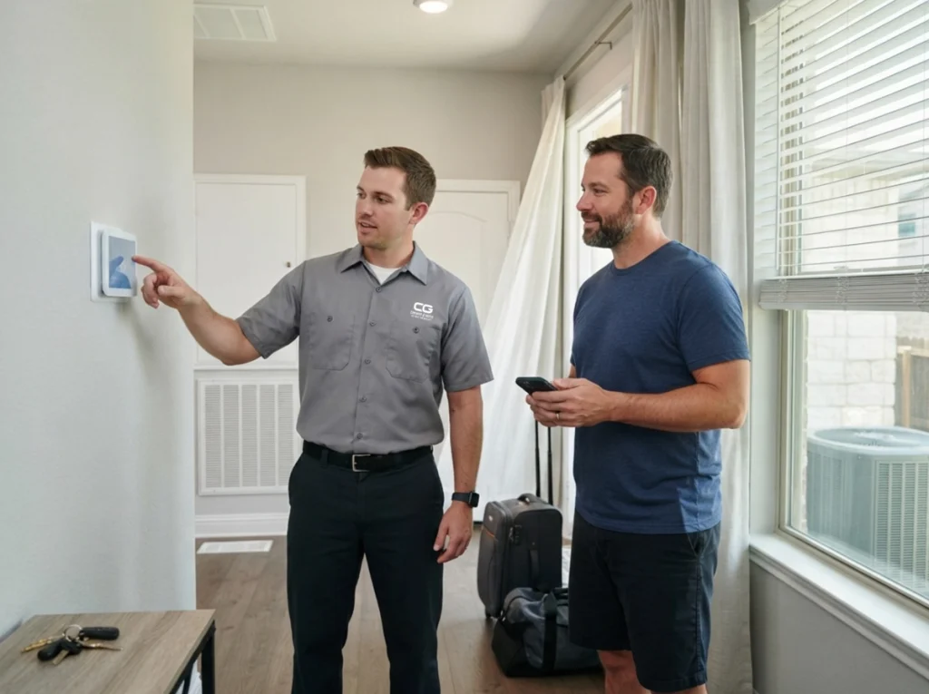 Grapevine homeowner setting a smart thermostat before summer vacation