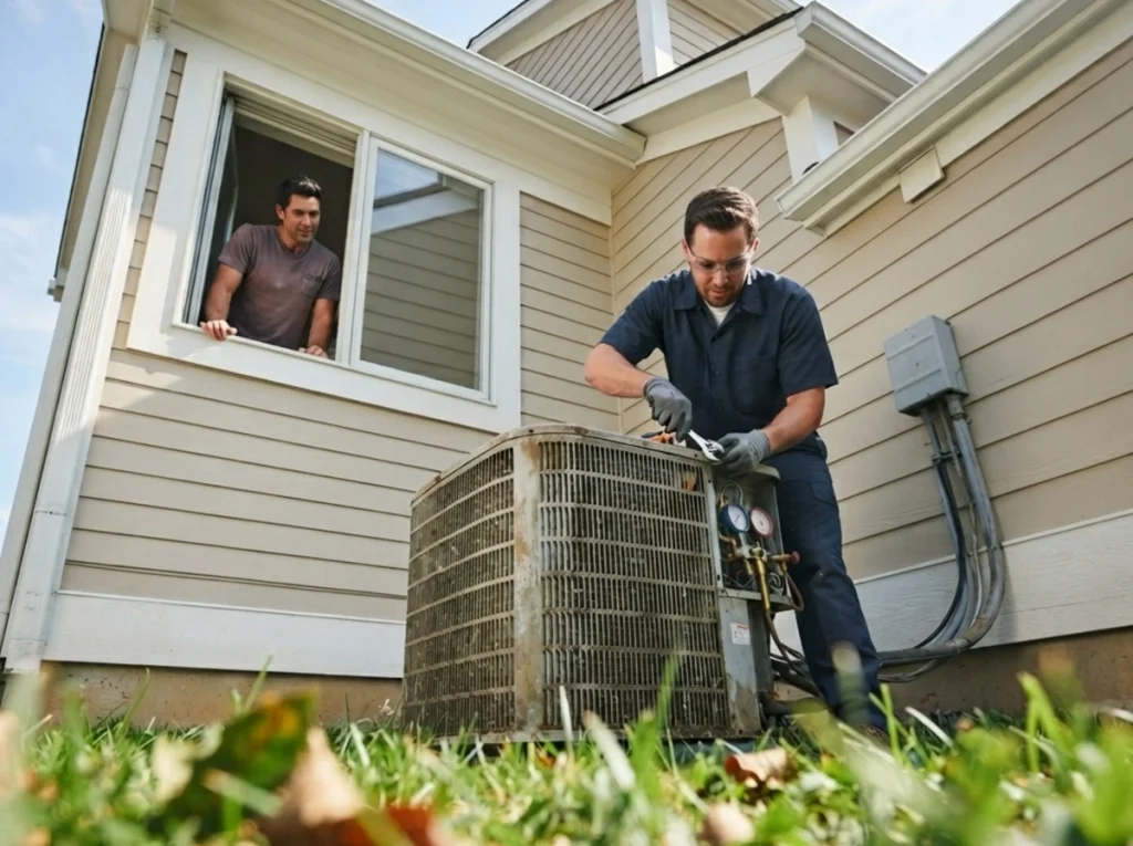 A homeowner looking out the window at the HVAC technician who is fixing his AC unit again.