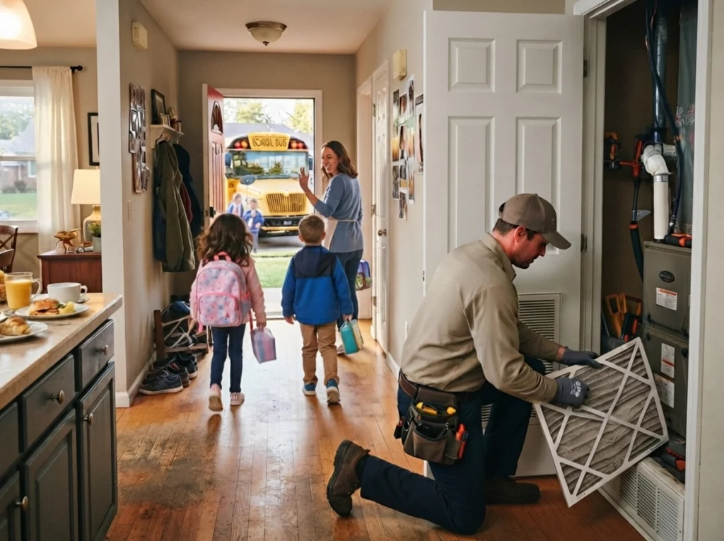 Children on their way to school as an HVAC technician changes a dirty air filter.