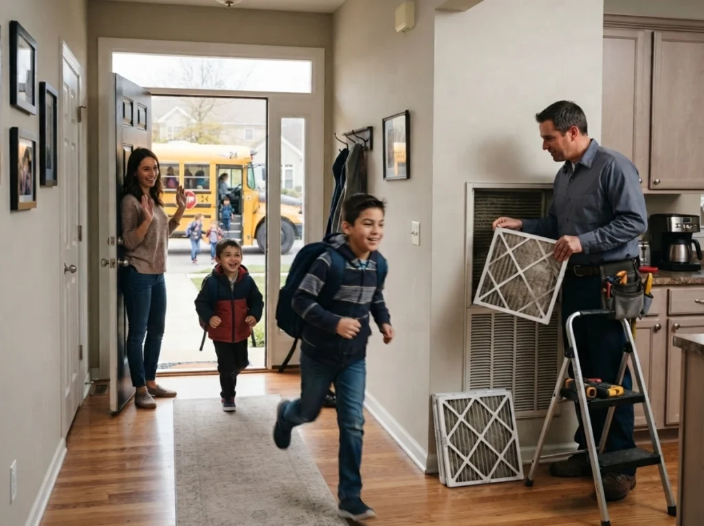 Kids coming back from school as an HVAC technician changes the HVAC filters.