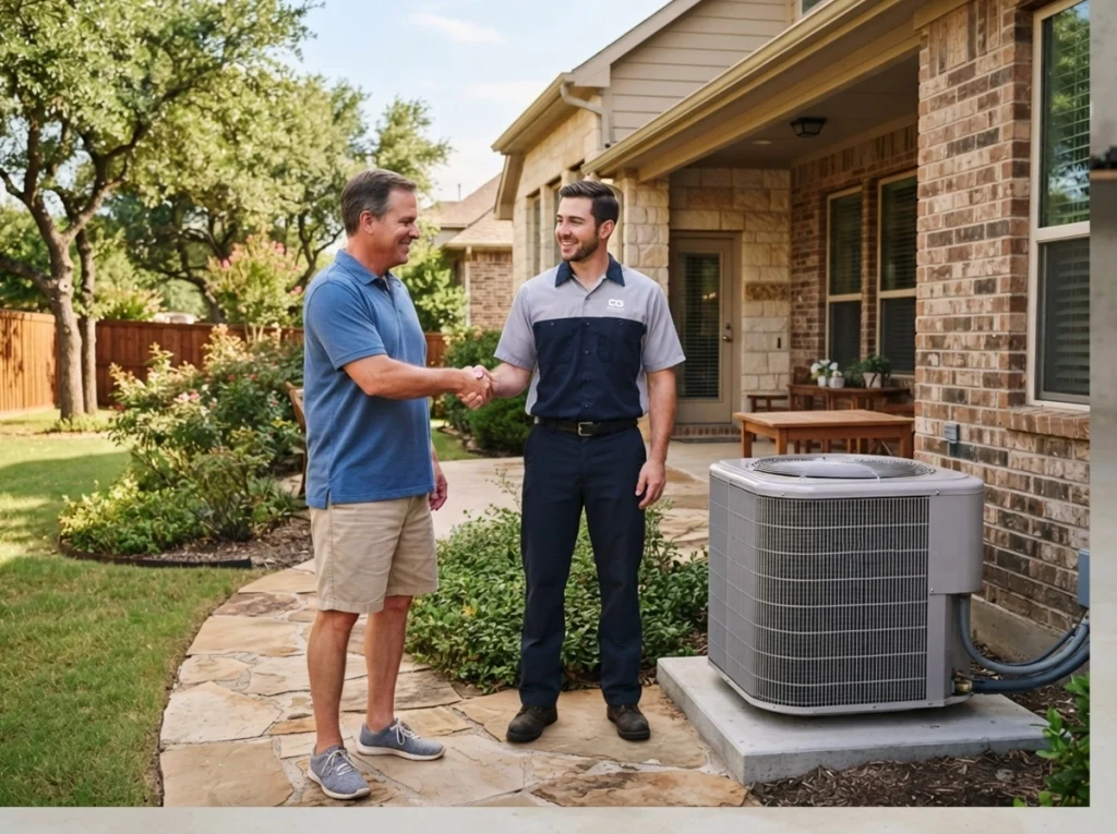 Grapevine homeowner thanking an HVAC technician after summer AC service