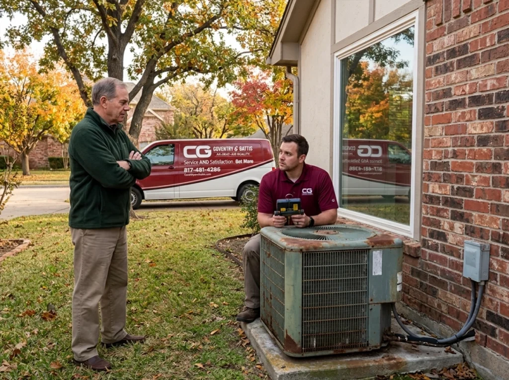 An image of an HVAC technician in a homeowner deciding whether to repair or place an AC condenser unit.